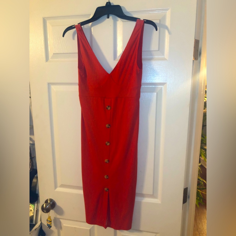Bright orange ribbed dress with brown buttons *worn once* size small